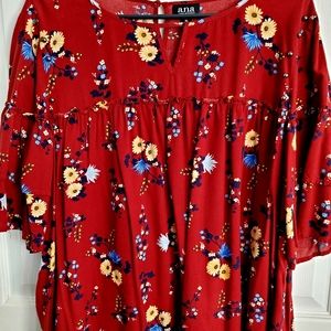 NWOT, a.n.a Burgundy Red with flowers babydoll top XL